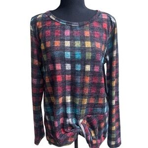 Multicolor Buffalo Check‎ Twist Front High Low Long Sleeve Top